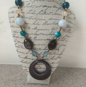 Brown and teal beaded necklace